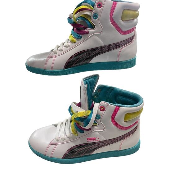 Puma Women's High Top Sneakers White Leather Trainers Neon 8.5 Y2K - Picture 10 of 10
